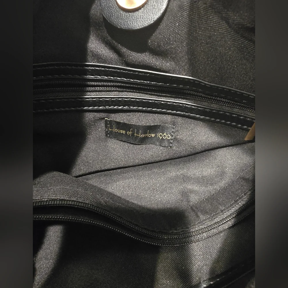 House of Harlow 1960 Black Vegan Suede Shoulder Bag with Gold Accents